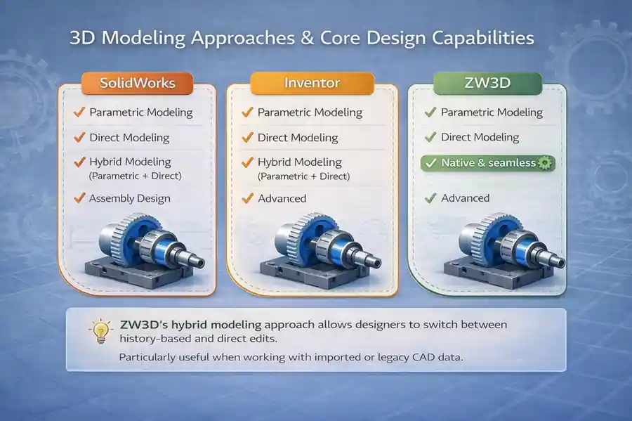 ZW3D vs SolidWorks vs Inventor: A Practical 3D CAD Comparison for Manufacturing Teams 7 3D Modeling Approaches & Core Design Capabilities