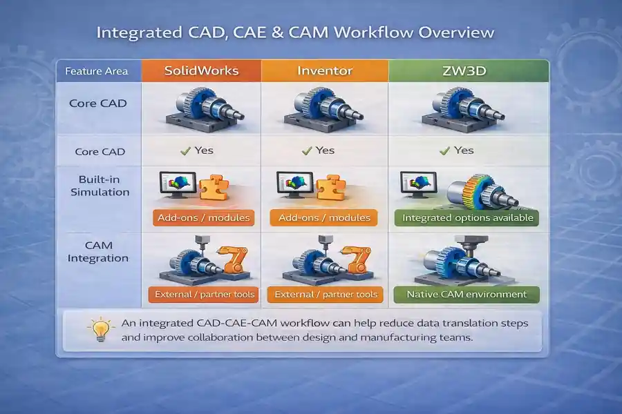 ZW3D vs SolidWorks vs Inventor: A Practical 3D CAD Comparison for Manufacturing Teams 9 Integrated CAD, CAE & CAM Workflow Overview