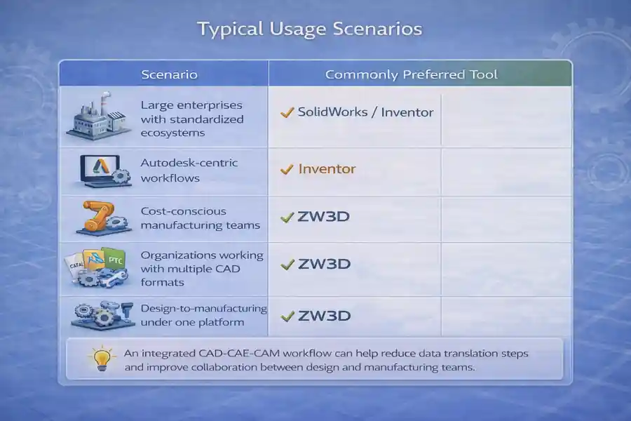 ZW3D vs SolidWorks vs Inventor: A Practical 3D CAD Comparison for Manufacturing Teams 10 Typical Usage Scenarios